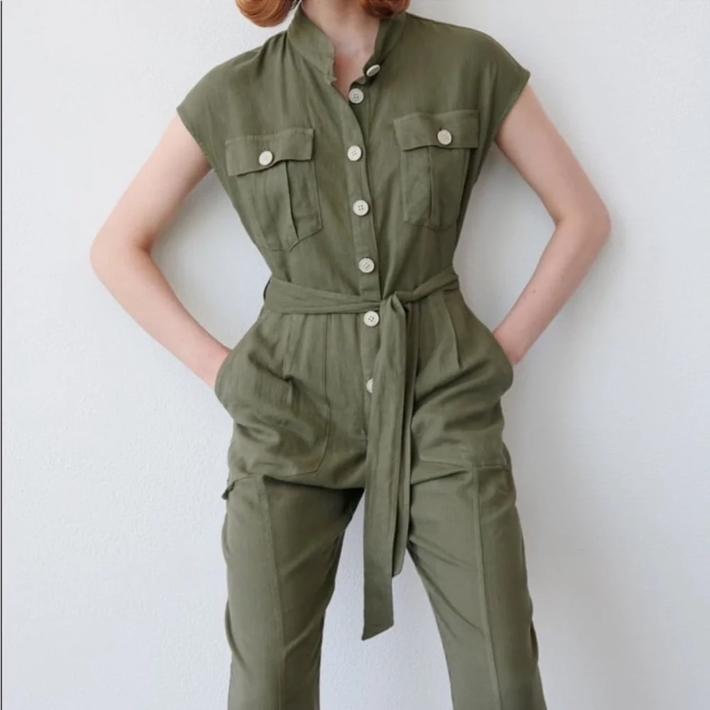 Zara Linen Blend Jumpsuit with Belt Size Medium